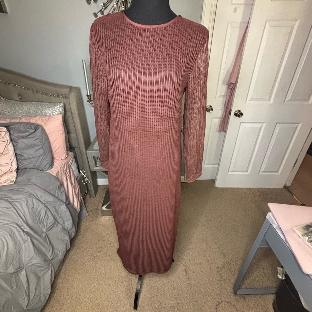 Zara Long Sleeve Ribbed Dress - Warm Brown